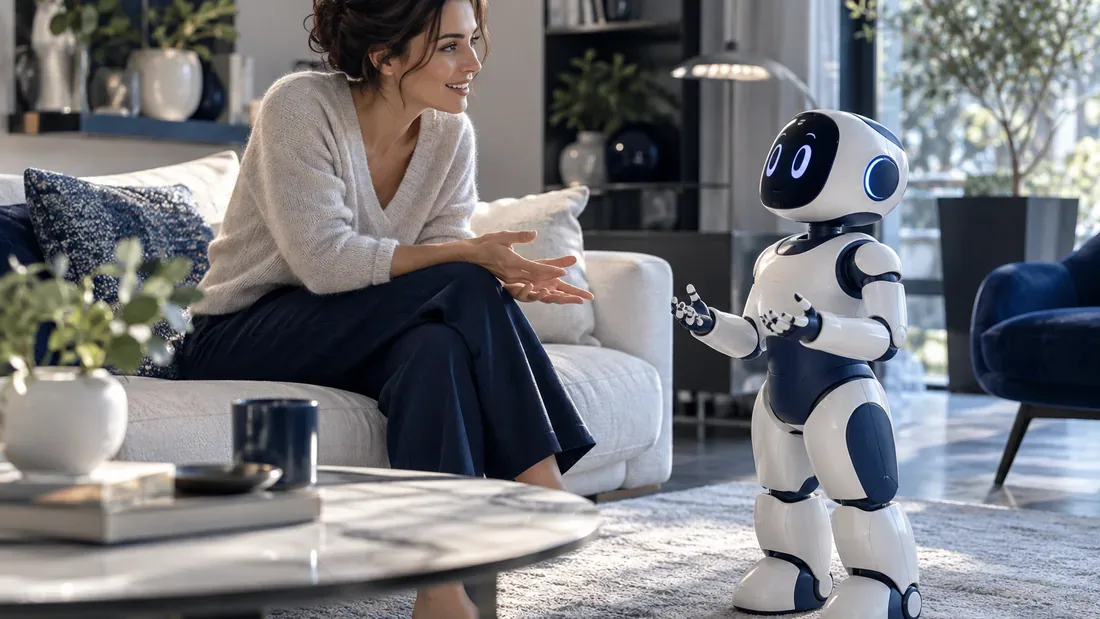Adulte échangeant avec un robot compagnon générique dans un salon clair