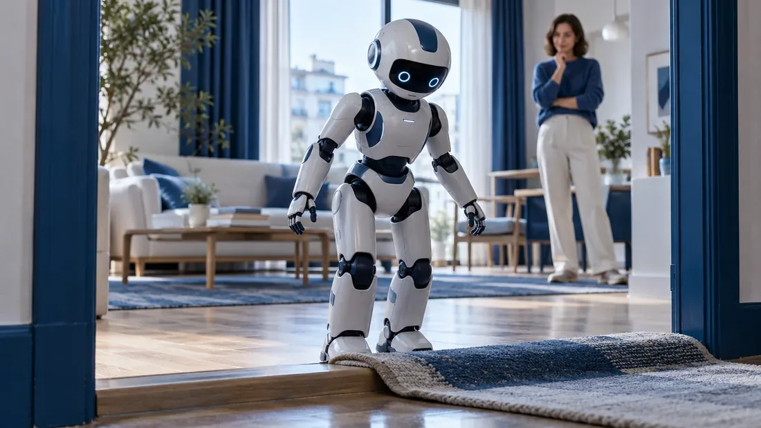 Robot générique arrêté devant un seuil et un tapis dans un logement