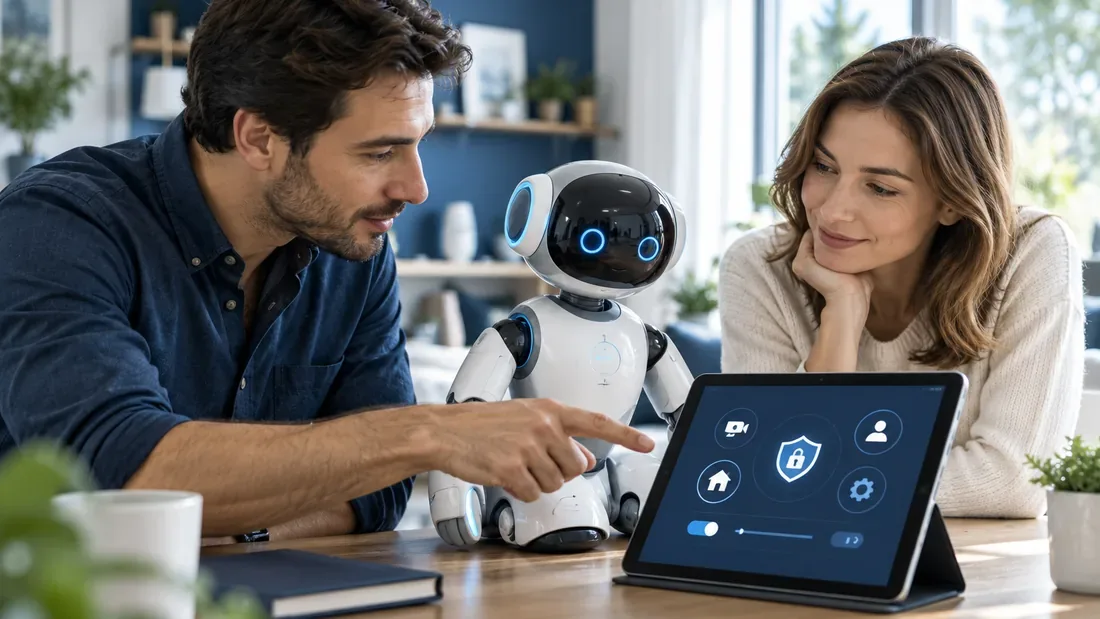 Deux adultes examinant une tablette à proximité d’un robot domestique générique